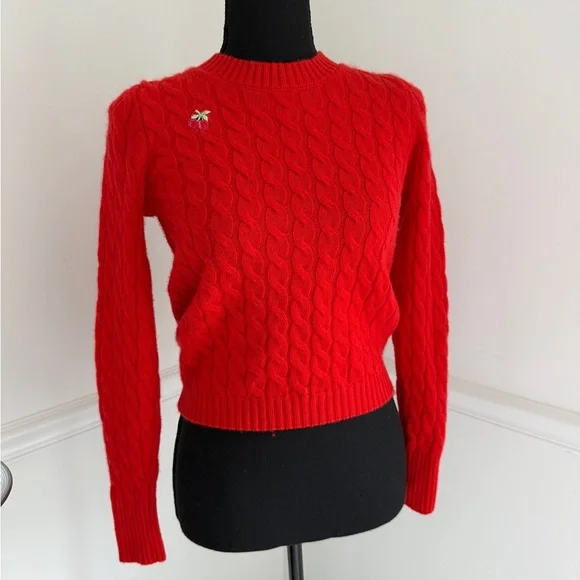J.Crew 100% Cashmere Red Cable-Knit Crewneck Sweater Cherry Embroidery XS/S - Picture 9 of 9